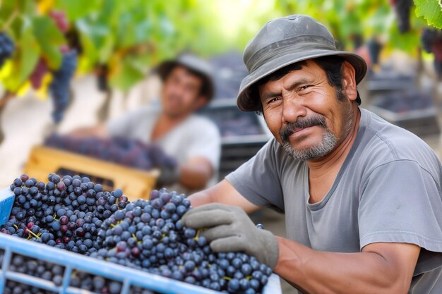 Lavoratori in una vigna che raccolgono uva matura per il vino rosso