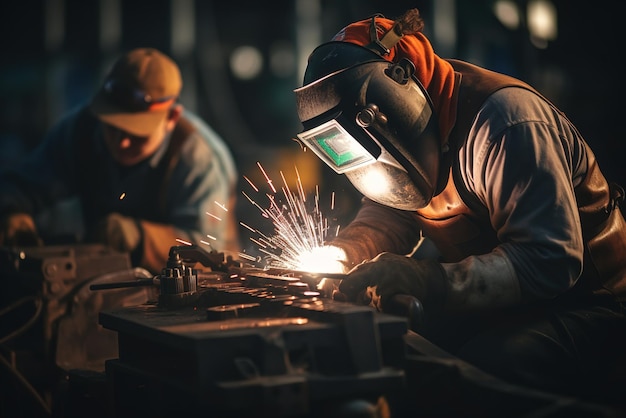 Lavoratori industriali che saldano il metallo in una fabbrica