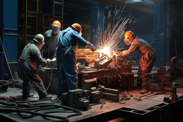 Lavoratori industriali che tagliano il metallo su strutture in acciaio in una fabbrica
