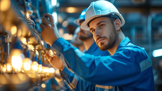 Lavoratori maschi in tuta blu che cambiano una lampadina