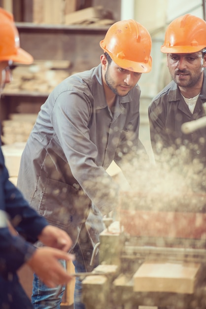 Lavoratori nella fabbrica di legno di taglio industriale