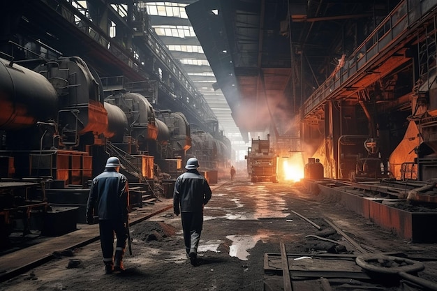 Lavoratori passeggiano attraverso l'officina della fabbrica metallurgica dell'impianto