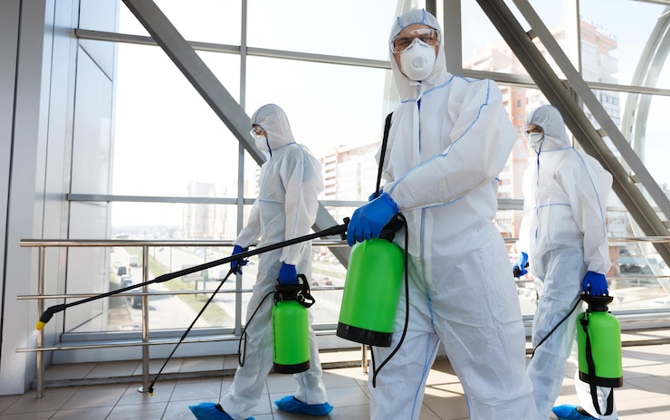 Foto lavoratori professionali in abiti antincendio che disinfettano alloggi interni