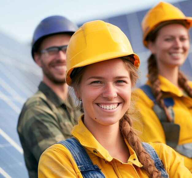 Lavoratori professionisti con pannelli solari che commercializzano la diversità sostenibile e l'energia pulita