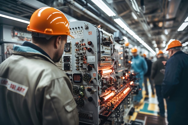 Lavoratori specialisti elettrici lavorano in una centrale elettrica Pannelli di controllo e gestione elettrica