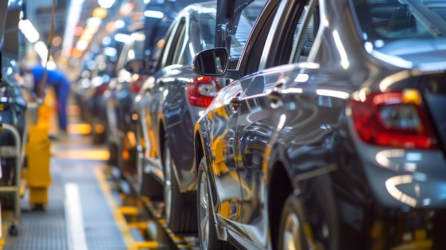 Lavoratori sulla linea di produzione di automobili in una fabbrica di automobili