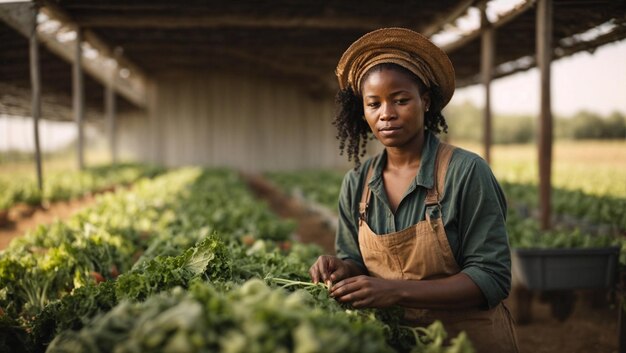 Lavoratrice agricola afroamericana che raccoglie verdure crude nella fattoria