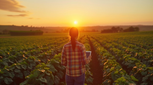 Lavoratrice agricola brasiliana con tecnologia digitale