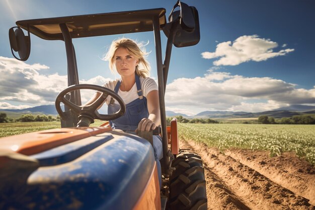Lavoratrice agricola che guida un trattore in un campo agricolo
