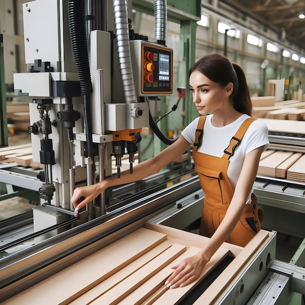 lavoratrice che gestisce una macchina automatizzata in una fabbrica di lavorazione del legno