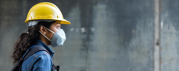 Lavoratrice che indossa un casco di protezione e attrezzature di sicurezza su un cantiere.