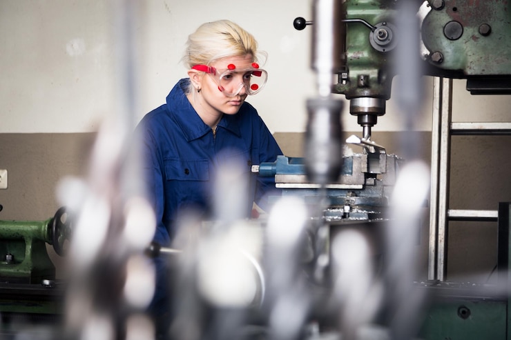 Foto lavoratrice che ripara macchinari in officina