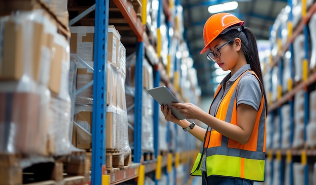 Lavoratrice di magazzino donna che ispeziona l'inventario tablet digitale concetto di controllo della gestione dell'inventaria