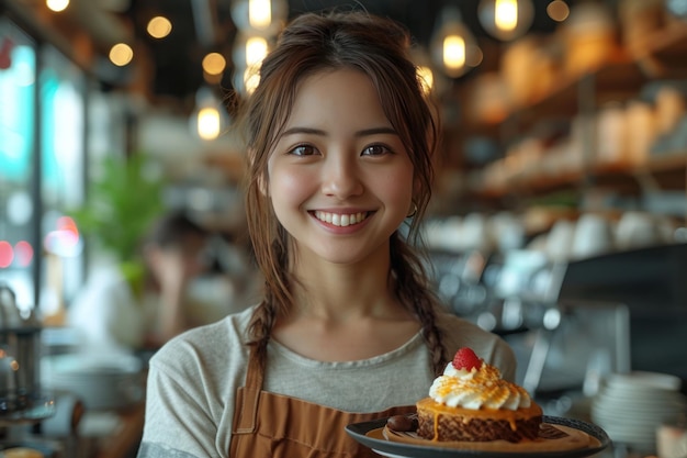 Lavoratrice di un caffè giapponese che sorride e porta il caffè