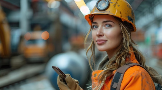 Lavoratrice edile con casco rigido che usa uno smartphone in un sito industriale