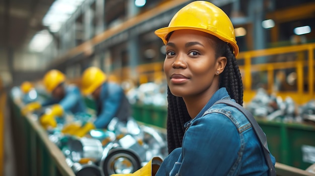 Lavoratrice nera sorridente in attrezzatura di sicurezza che lavora a suddividere e trasformare materiali riciclabili