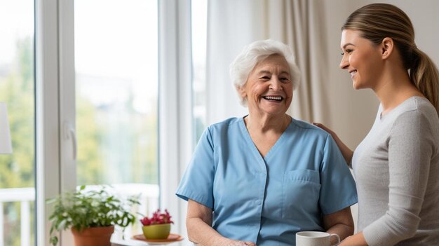 lavoratrice sanitaria sorridente che tiene per mano una donna anziana a casa