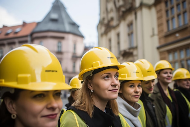 Lavoratrici della costruzione con abiti rigidi e protettivi