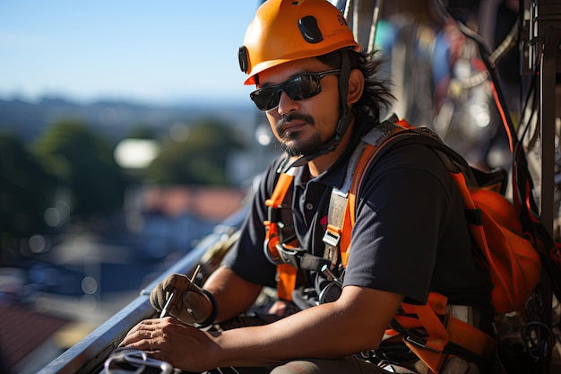 Lavori di costruzione in quota con imbracatura di sicurezza Accesso su fune e linea di sicurezza lavori in costruzione sul bordo di un tetto Generato con AI