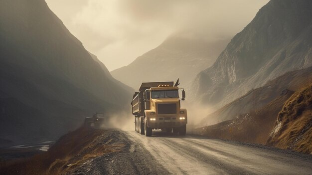 Lavori di costruzione negli altopiani Trasporto con camion manipolatori con cassone ribaltabile Transpo Generative AI