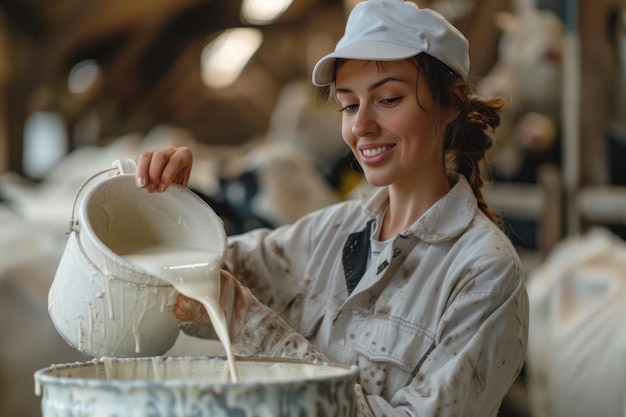 Lavori di pittura Una giovane pittrice versa vernice bianca da una lattina in un secchio per mescolare