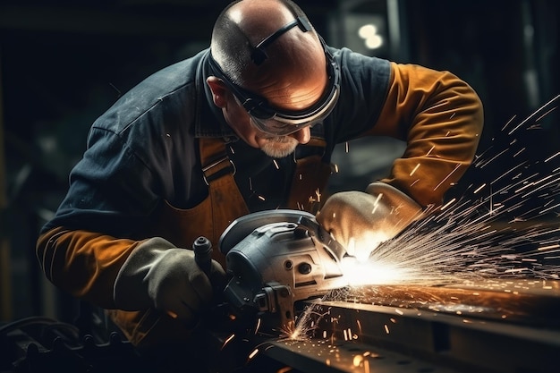 Lavori di serratura in abbigliamento speciale e occhiali di protezione in produzione Lavorazione dei metalli con macinatrice angolare