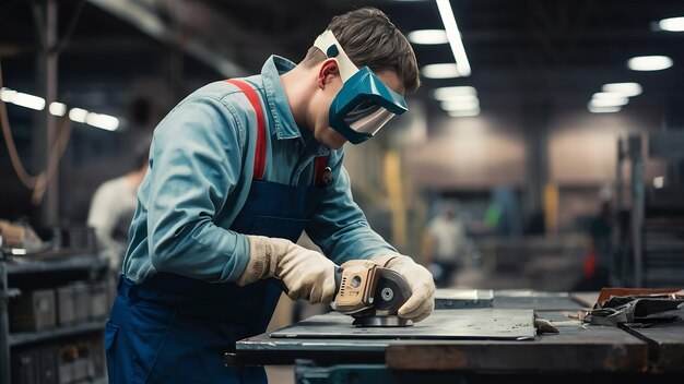 Lavori di serratura in abbigliamento speciale e occhiali di protezione nella produzione di lavorazione dei metalli con macina angolare