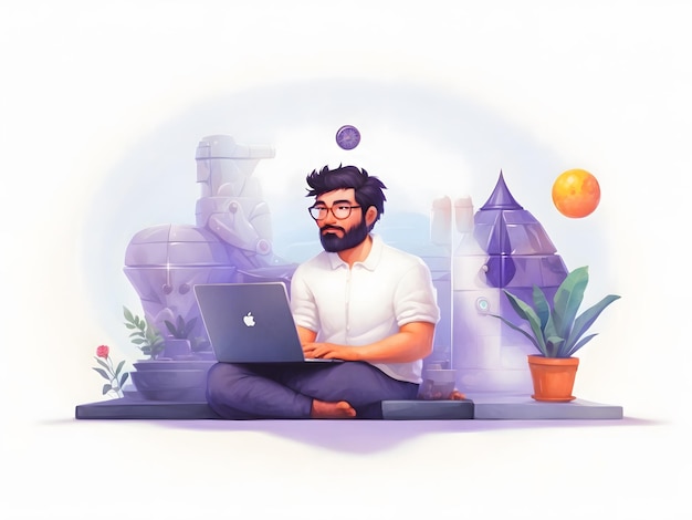 Lavoro a distanza freelance Illustrazione vettoriale che lavora su un laptop a casa sua