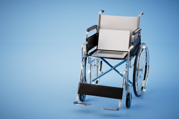 Lavoro a distanza per persone con disabilità su sedia a rotelle con rendering 3D per laptop