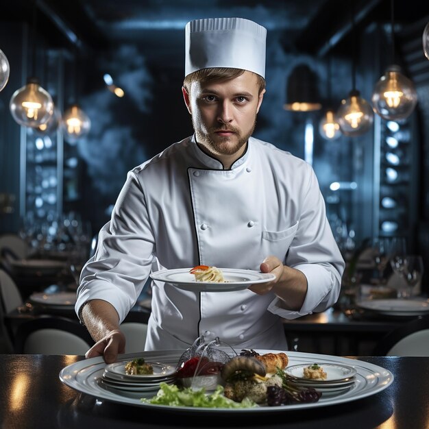 Lavoro di chef professionista nella cucina di un ristorante Vista ravvicinata di un uomo che mescola la zuppa a mano