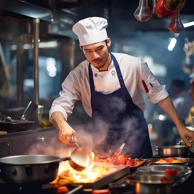 Lavoro di chef professionista nella cucina di un ristorante Vista ravvicinata di un uomo che mescola la zuppa a mano