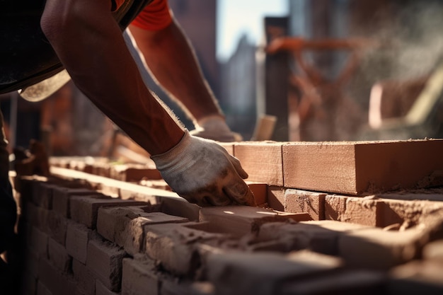 Lavoro di muratore industriale che installa mattoni in cantiere