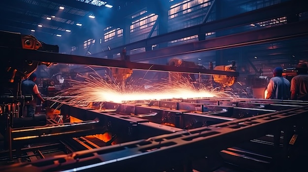 Lavoro di saldatura con costruzioni metalliche in una fabbrica di metalli affollata