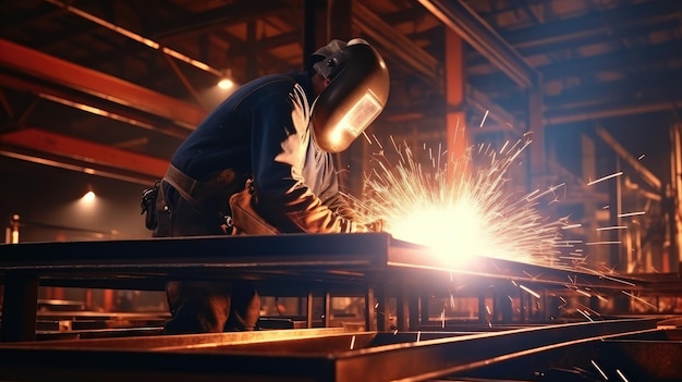 Lavoro di saldatura con costruzioni metalliche in una fabbrica di metalli affollata