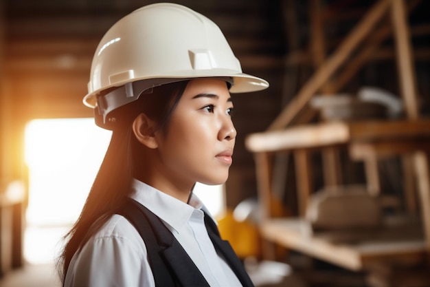 Lavoro donna industria sorriso asiatico industriale ingegnere business ritratto casco caporeparto IA generativa