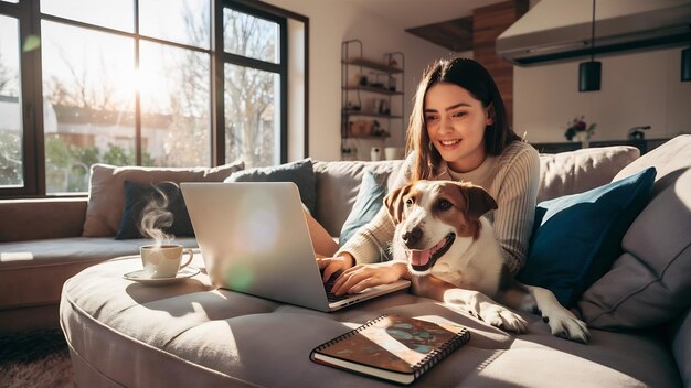 Lavoro freelance da casa giovane donna sta lavorando vicino a un cane su un divano a casa