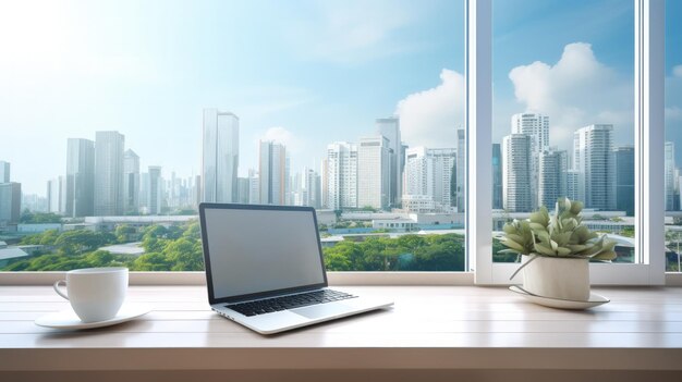 Lavoro in ufficio a scrivania bianca con laptop e tazza di caffè vicino alle finestre con vista sul paesaggio cittadino