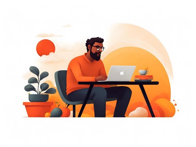 Lavoro remoto freelance illustrazione vettoriale su laptop a casa sua