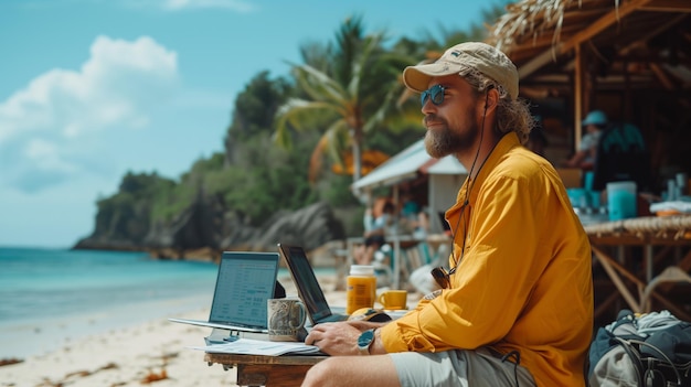 Lavoro remoto spiaggia in stile bellissimo Isola tropicale Tecnologia Internet IA generativa