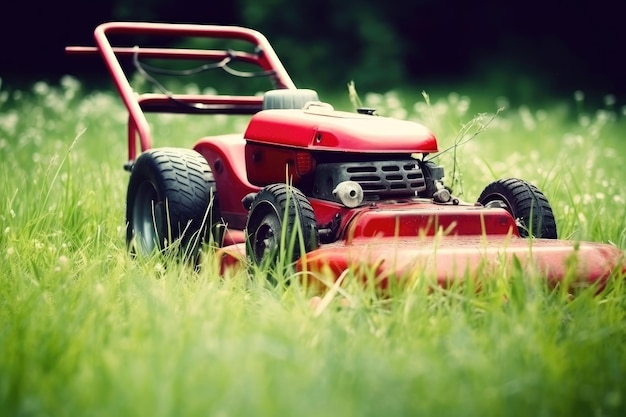 Lawn mover su erba verde in giardino moderno Macchina per il taglio di prati