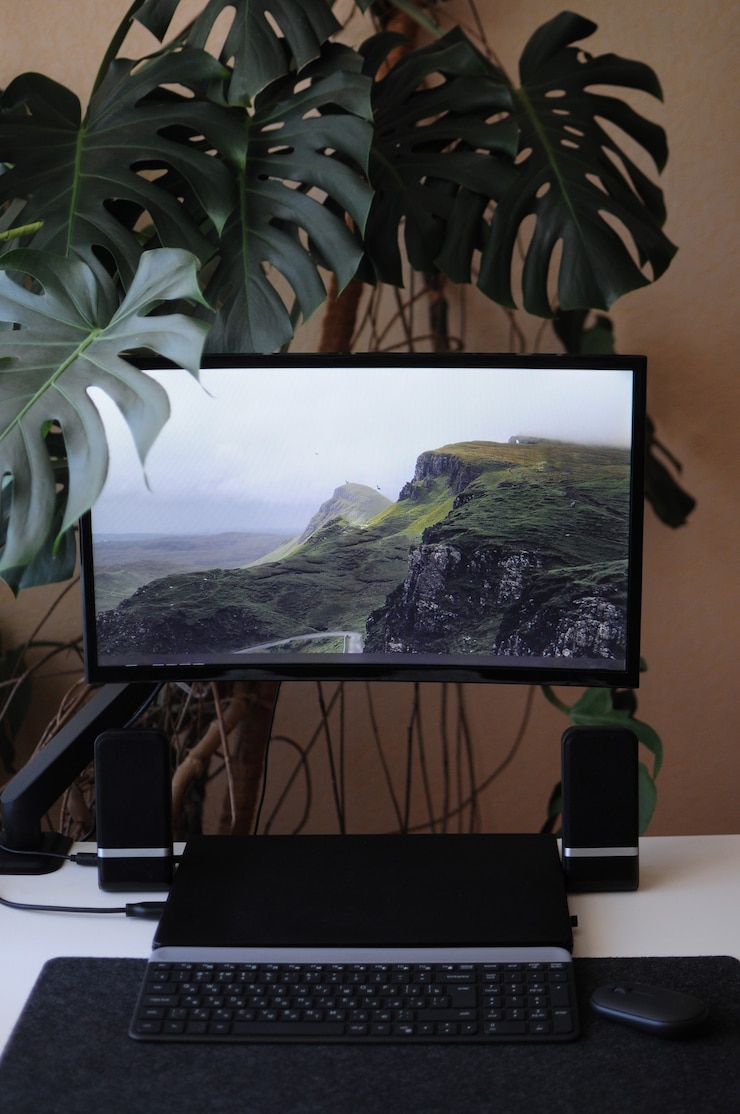 Photo layar besar melengkung dengan laptop. tempat kerja yang bergaya dan modern di rumah dengan tanaman hias