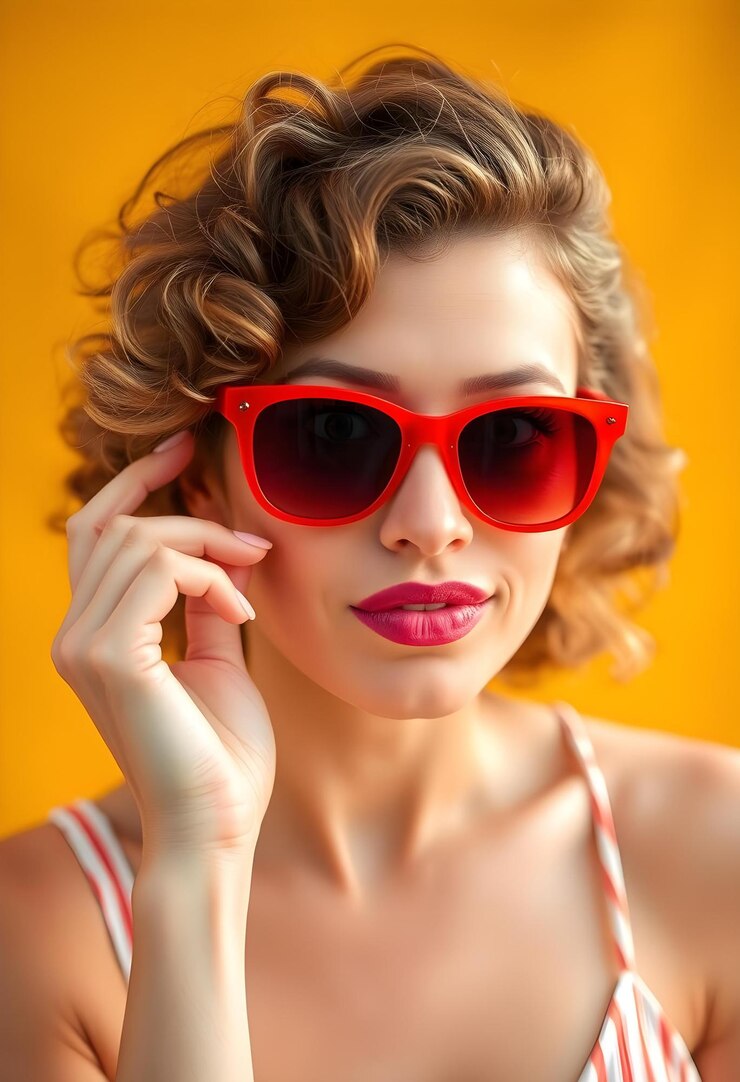 layful Young Woman in Red Sunglasses Expressing Surprise