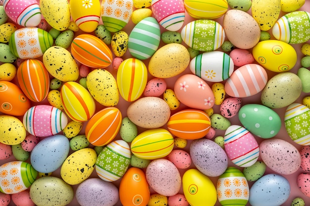 Layout creativo con diverse uova di Pasqua colorate.