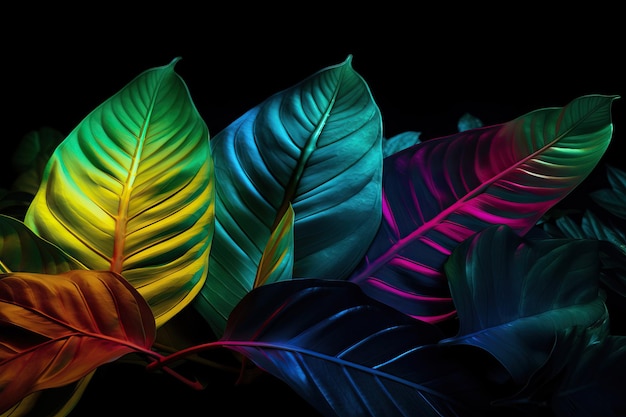 Layout creativo di colori fluorescenti fatto di foglie tropicali Colori al neon a disposizione piatta generati dall'intelligenza artificiale