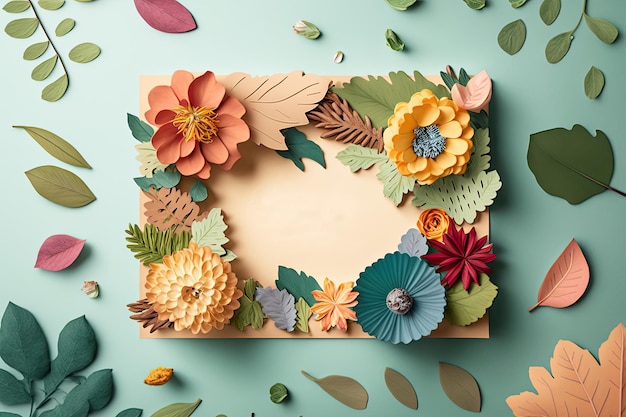 Layout creativo fatto di fiori e foglie Disposizione piatta Illustrazione AI generativa