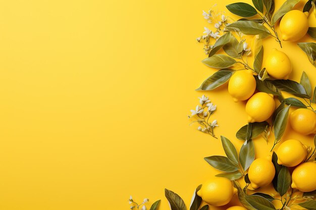 Layout creativo fatto di limoni e fiori su sfondo giallo Flat lay Ai Generato