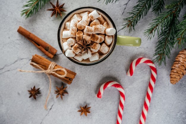 Layout creativo per le vacanze di Natale con cioccolata calda marshmallow, pino, bacche rosse e pigne