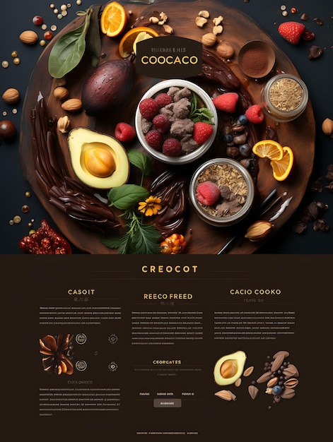 Layout del sito web Cacao Smoothie Packaging Indulgente con palette marrone e oro Poster Flyer Design