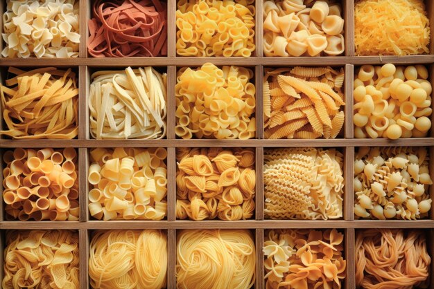 layout della pasta grezza italiana vista superiore diversi tipi e forme di pasta noodles di grano duro up close