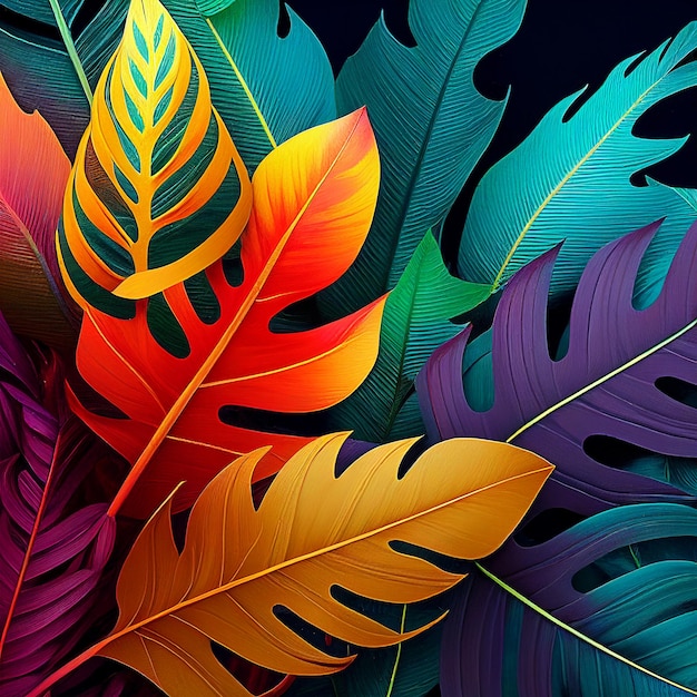 Layout di colore fluorescente creativo fatto di foglie tropicali